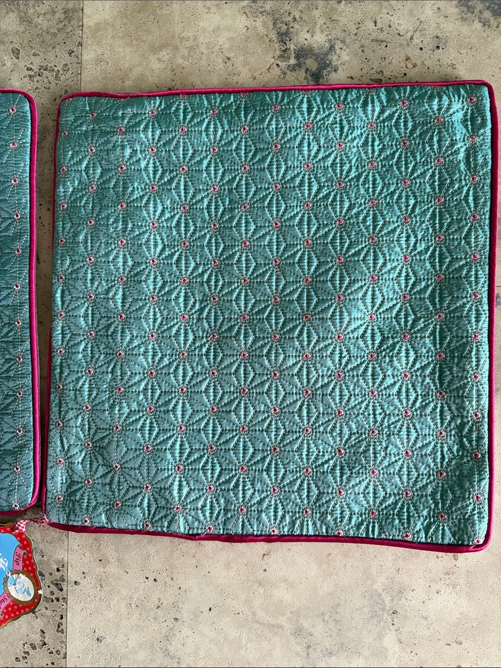 Anthro PIP studio 14x14 Teal Quilted Pillow cushion‎ Covers Pink Trim set of 2